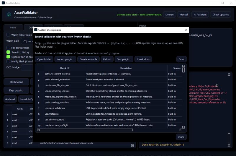 Custom check plugins panel