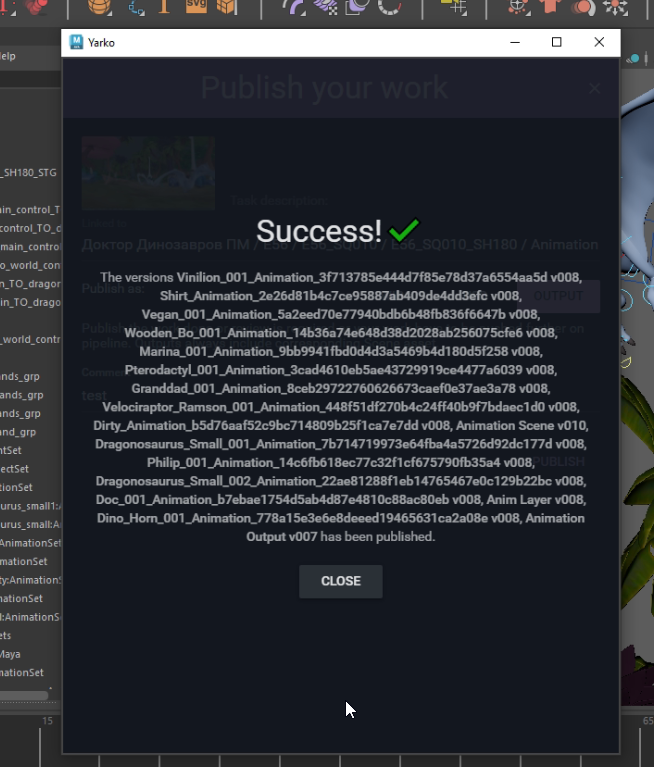Maya — Publish success — asset versions logged
